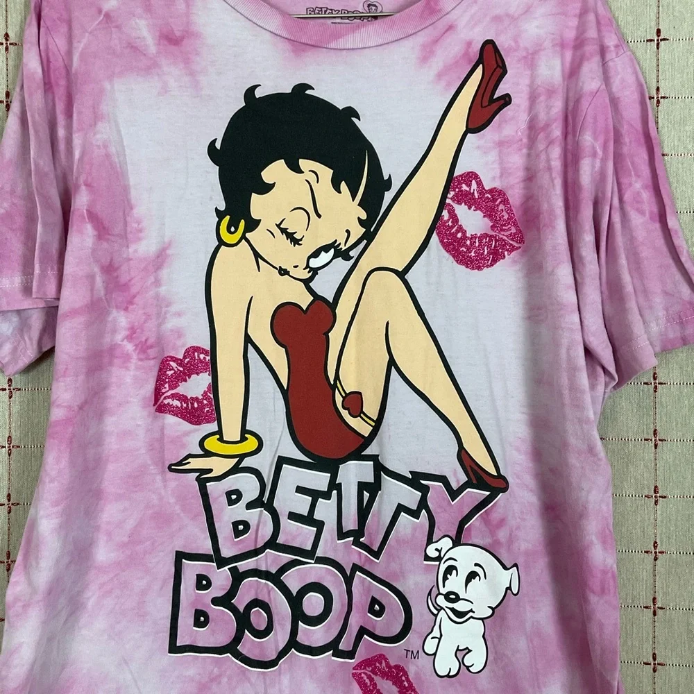 Vintage Betty Boop & Pudgy Pink Tie Dye 1X Y2K Oversized Shirt XL PreLoved - Picture 2 of 6